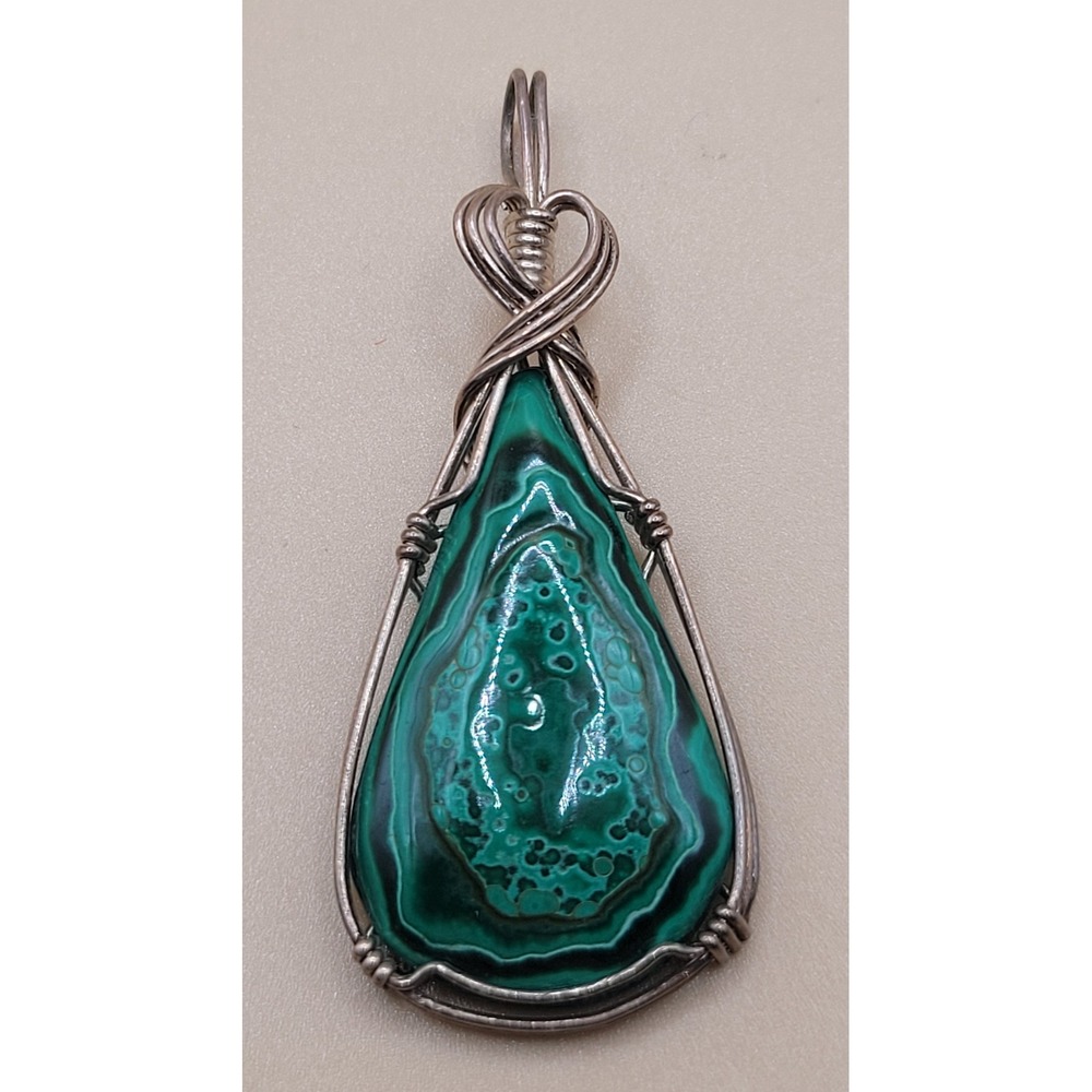Handmade Wire Wrapped Malachite Teardrop Pendant Green Banded Stone Jewelry